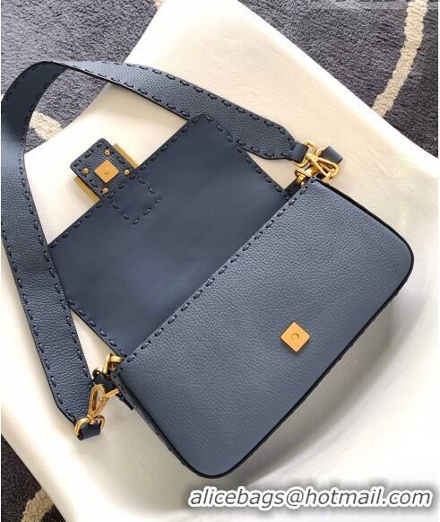 Grade Promotional Fendi Baguette Medium Bag in  Grained Leather with oversize topstitching F3128 Dark Blue 2023