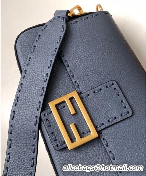 Grade Promotional Fendi Baguette Medium Bag in  Grained Leather with oversize topstitching F3128 Dark Blue 2023