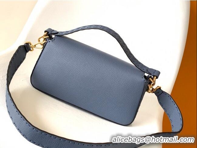 Grade Promotional Fendi Baguette Medium Bag in  Grained Leather with oversize topstitching F3128 Dark Blue 2023