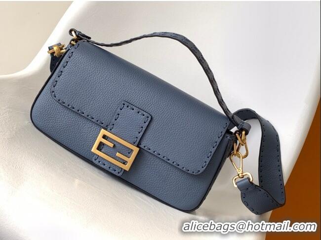 Grade Promotional Fendi Baguette Medium Bag in  Grained Leather with oversize topstitching F3128 Dark Blue 2023