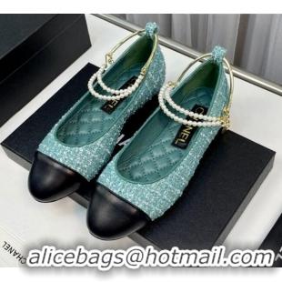 Pretty Style Chanel Tweed Ballet Flat with Pearls Loop Green 805035