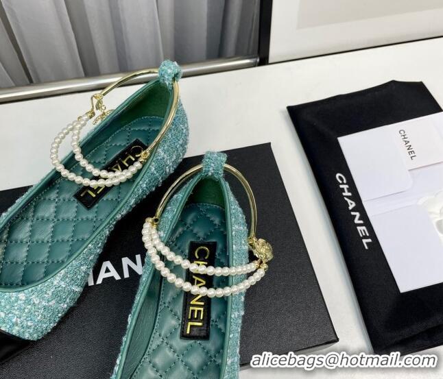 Pretty Style Chanel Tweed Ballet Flat with Pearls Loop Green 805035