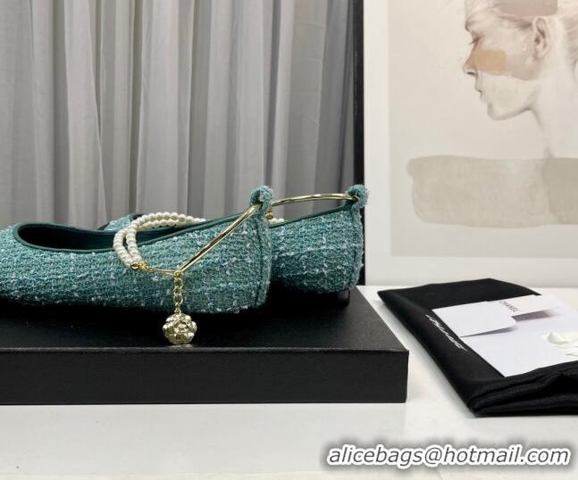 Pretty Style Chanel Tweed Ballet Flat with Pearls Loop Green 805035