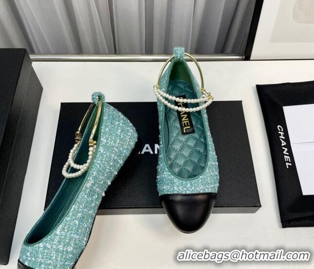 Pretty Style Chanel Tweed Ballet Flat with Pearls Loop Green 805035