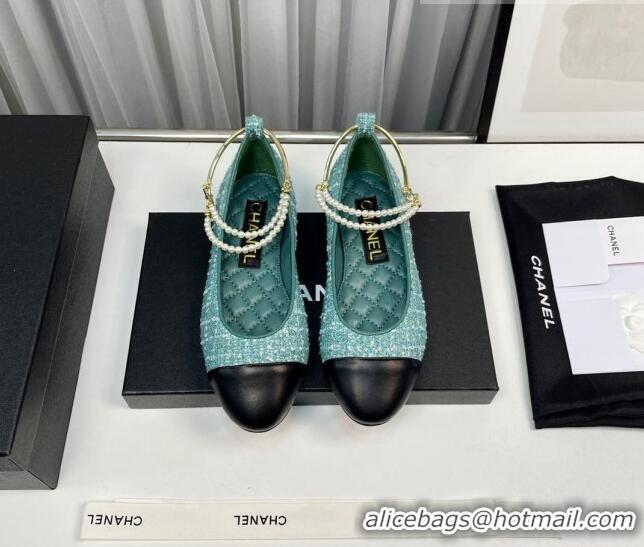 Pretty Style Chanel Tweed Ballet Flat with Pearls Loop Green 805035