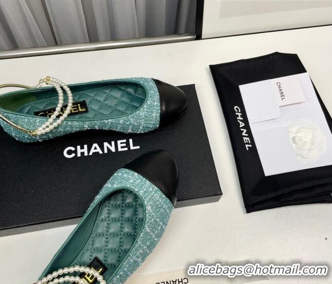 Pretty Style Chanel Tweed Ballet Flat with Pearls Loop Green 805035