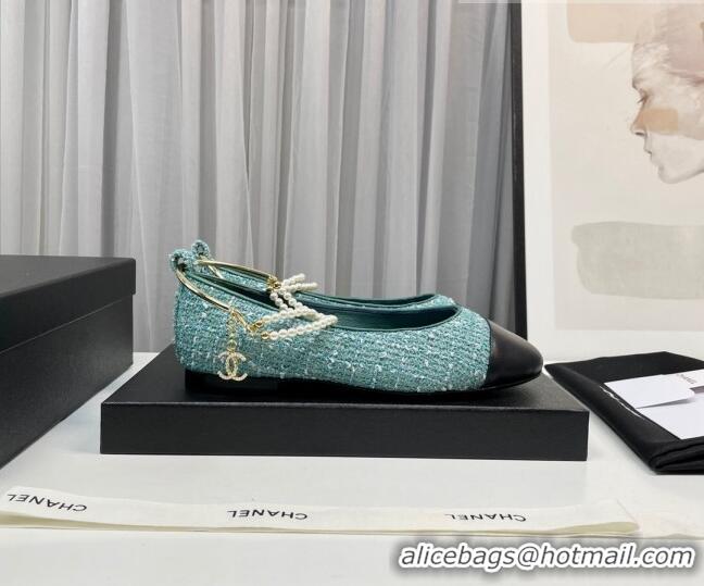 Pretty Style Chanel Tweed Ballet Flat with Pearls Loop Green 805035