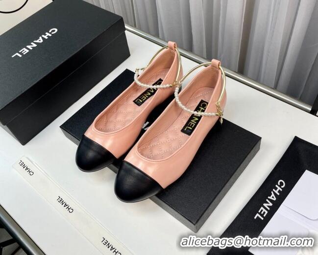 Purchase Chanel Shiny Calfskin Ballet Flat with Pearls Loop Light Pink 805036