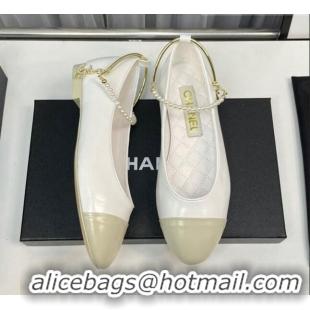 Good Product Chanel Shiny Calfskin Ballet Flat with Pearls Loop White 805037