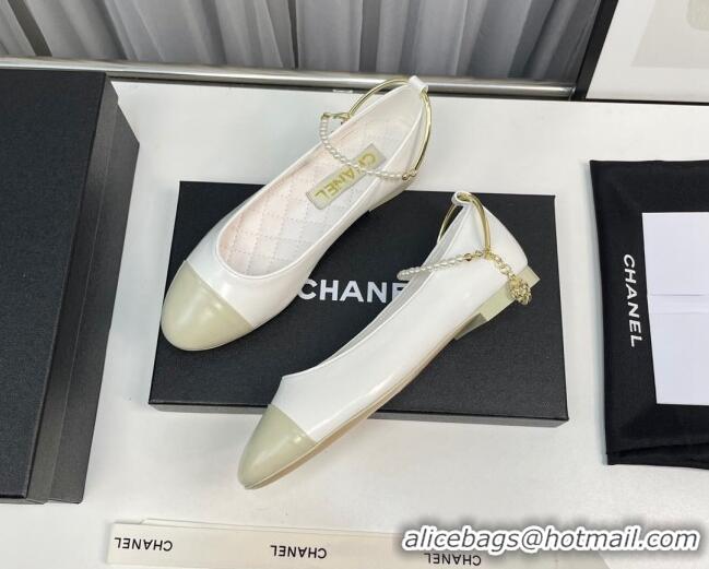 Good Product Chanel Shiny Calfskin Ballet Flat with Pearls Loop White 805037