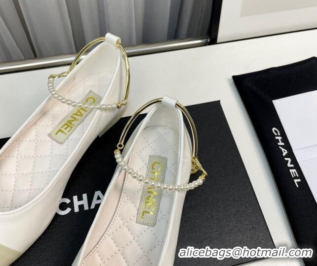 Good Product Chanel Shiny Calfskin Ballet Flat with Pearls Loop White 805037