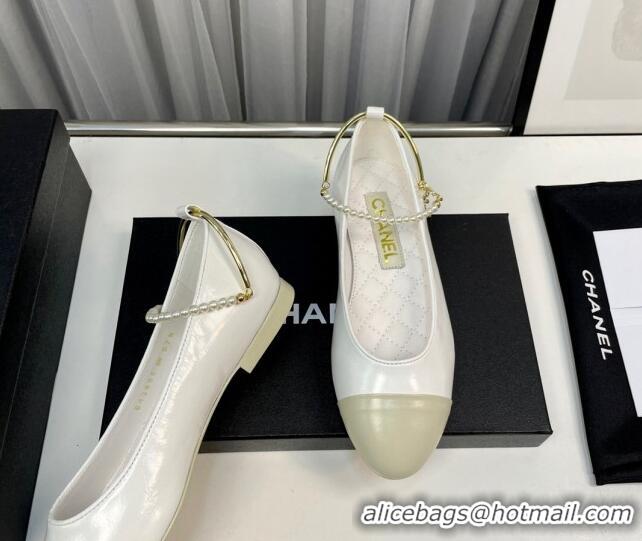 Good Product Chanel Shiny Calfskin Ballet Flat with Pearls Loop White 805037