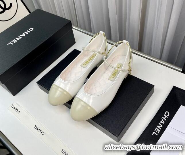 Good Product Chanel Shiny Calfskin Ballet Flat with Pearls Loop White 805037