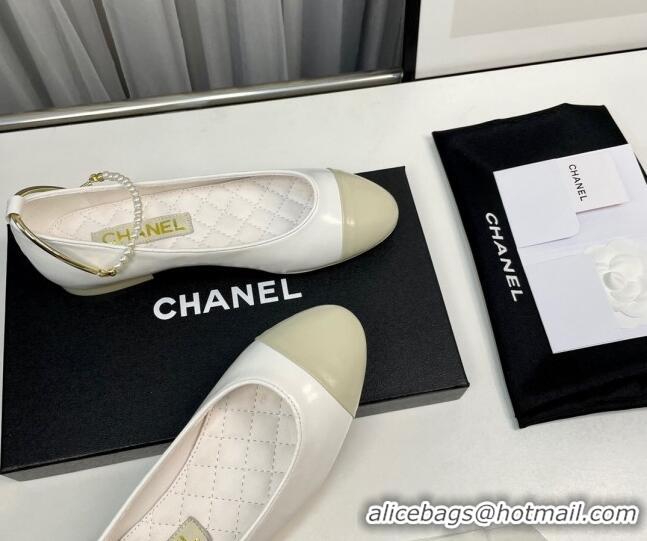 Good Product Chanel Shiny Calfskin Ballet Flat with Pearls Loop White 805037