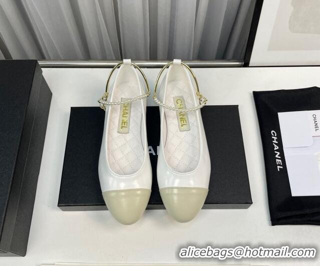 Good Product Chanel Shiny Calfskin Ballet Flat with Pearls Loop White 805037