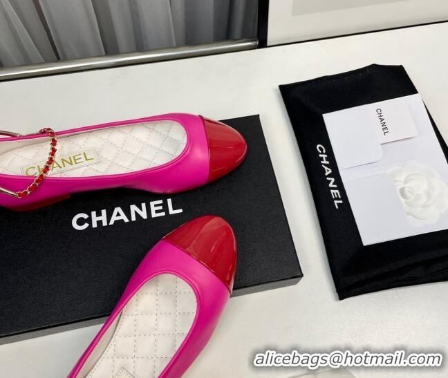 Shop Duplicate Chanel Shiny Calfskin Ballet Flat with Pearls Loop Dark Pink 805038