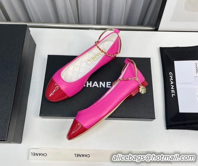 Shop Duplicate Chanel Shiny Calfskin Ballet Flat with Pearls Loop Dark Pink 805038