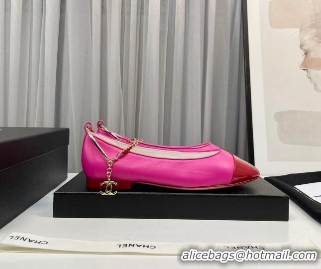 Shop Duplicate Chanel Shiny Calfskin Ballet Flat with Pearls Loop Dark Pink 805038