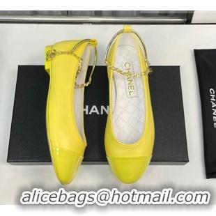 Top Grade Chanel Shiny Calfskin Ballet Flat with Pearls Loop Yellow 805039