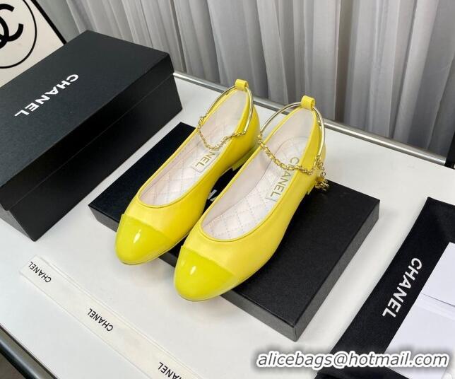 Top Grade Chanel Shiny Calfskin Ballet Flat with Pearls Loop Yellow 805039