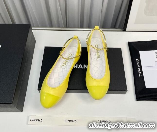 Top Grade Chanel Shiny Calfskin Ballet Flat with Pearls Loop Yellow 805039