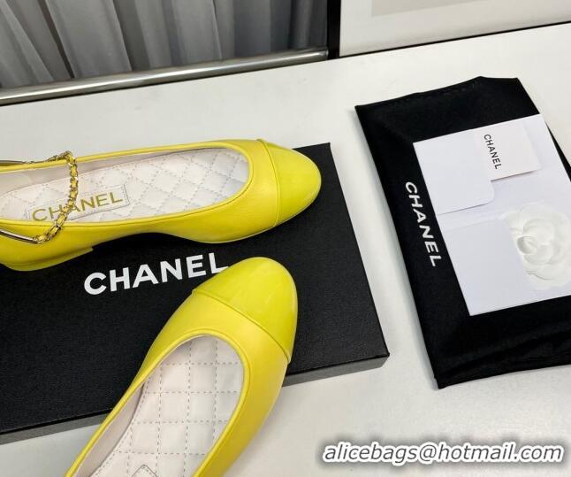 Top Grade Chanel Shiny Calfskin Ballet Flat with Pearls Loop Yellow 805039