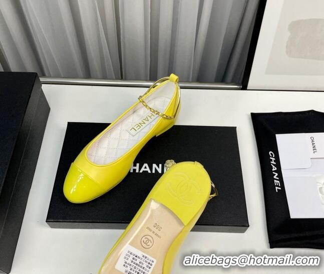 Top Grade Chanel Shiny Calfskin Ballet Flat with Pearls Loop Yellow 805039