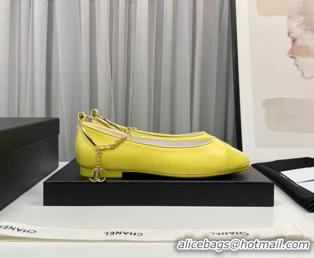 Top Grade Chanel Shiny Calfskin Ballet Flat with Pearls Loop Yellow 805039