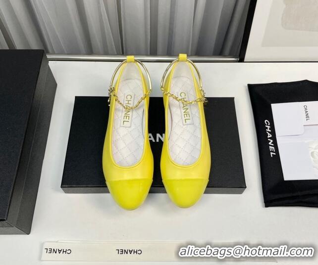 Top Grade Chanel Shiny Calfskin Ballet Flat with Pearls Loop Yellow 805039