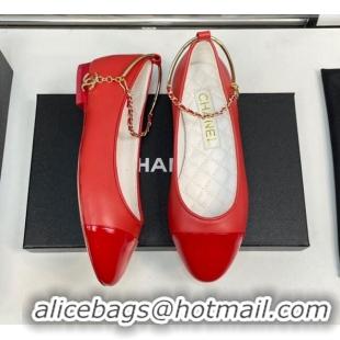 Unique Style Chanel Shiny Calfskin Ballet Flat with Pearls Loop Red 805040