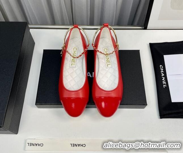 Unique Style Chanel Shiny Calfskin Ballet Flat with Pearls Loop Red 805040