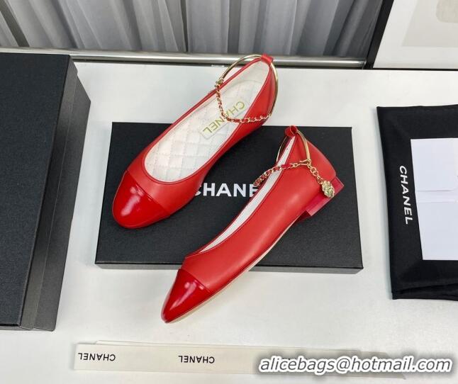 Unique Style Chanel Shiny Calfskin Ballet Flat with Pearls Loop Red 805040