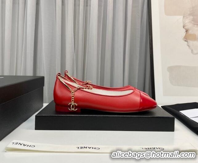 Unique Style Chanel Shiny Calfskin Ballet Flat with Pearls Loop Red 805040