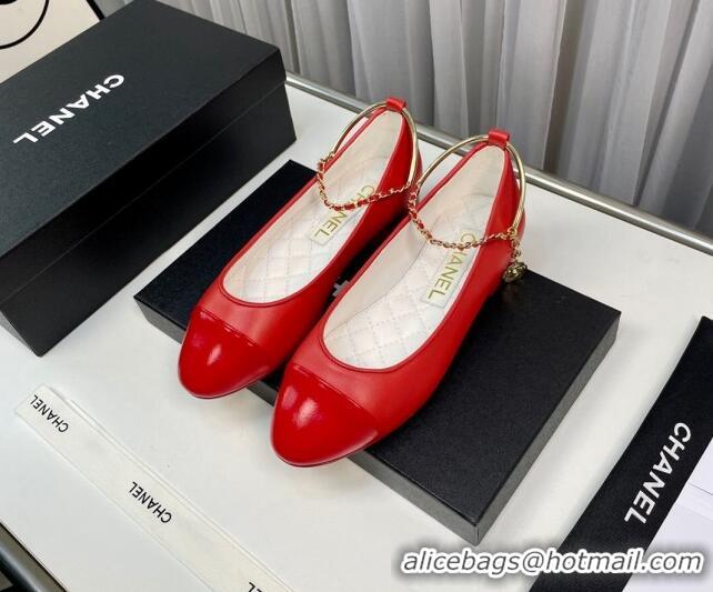 Unique Style Chanel Shiny Calfskin Ballet Flat with Pearls Loop Red 805040