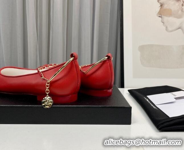 Unique Style Chanel Shiny Calfskin Ballet Flat with Pearls Loop Red 805040