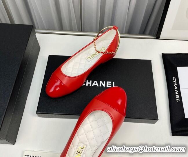 Unique Style Chanel Shiny Calfskin Ballet Flat with Pearls Loop Red 805040