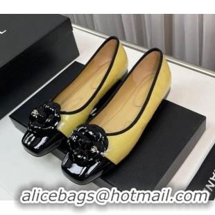 Good Looking Chanel Stone Embossed Lambskin & Patent Calfskin Ballet Flat with Camellia Beige 805041