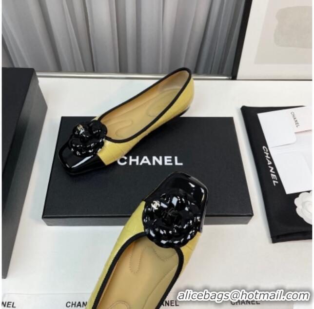 Good Looking Chanel Stone Embossed Lambskin & Patent Calfskin Ballet Flat with Camellia Beige 805041