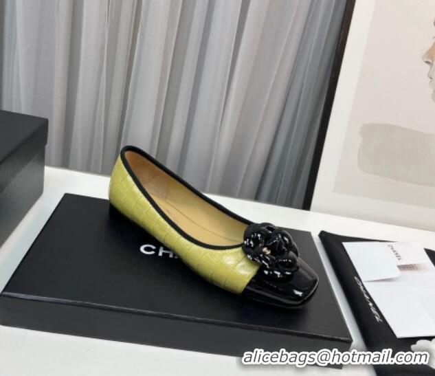 Good Looking Chanel Stone Embossed Lambskin & Patent Calfskin Ballet Flat with Camellia Beige 805041