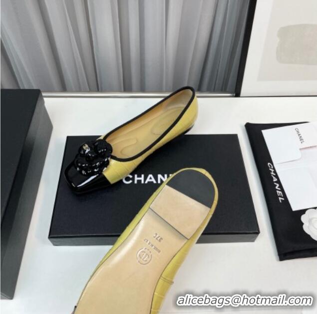 Good Looking Chanel Stone Embossed Lambskin & Patent Calfskin Ballet Flat with Camellia Beige 805041