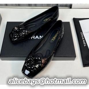 Good Quality Chanel Stone Embossed Lambskin & Patent Calfskin Ballet Flat with Camellia Black 805042