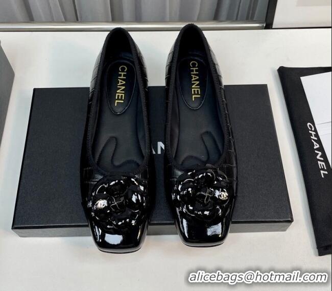 Good Quality Chanel Stone Embossed Lambskin & Patent Calfskin Ballet Flat with Camellia Black 805042