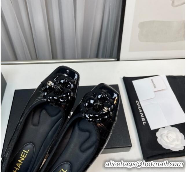 Good Quality Chanel Stone Embossed Lambskin & Patent Calfskin Ballet Flat with Camellia Black 805042