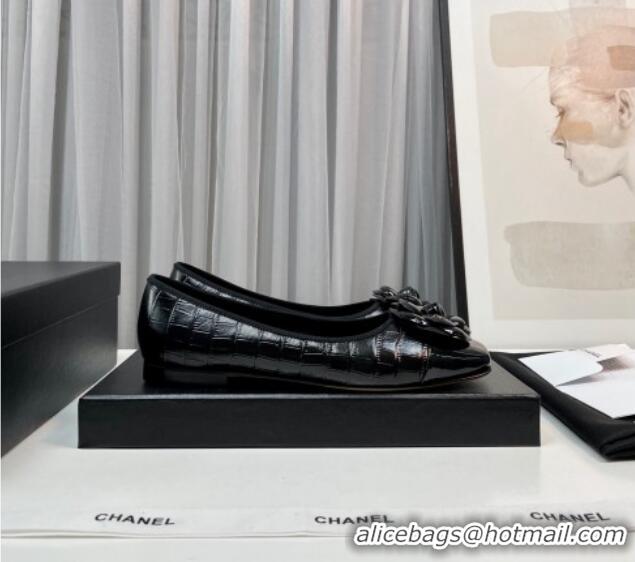 Good Quality Chanel Stone Embossed Lambskin & Patent Calfskin Ballet Flat with Camellia Black 805042