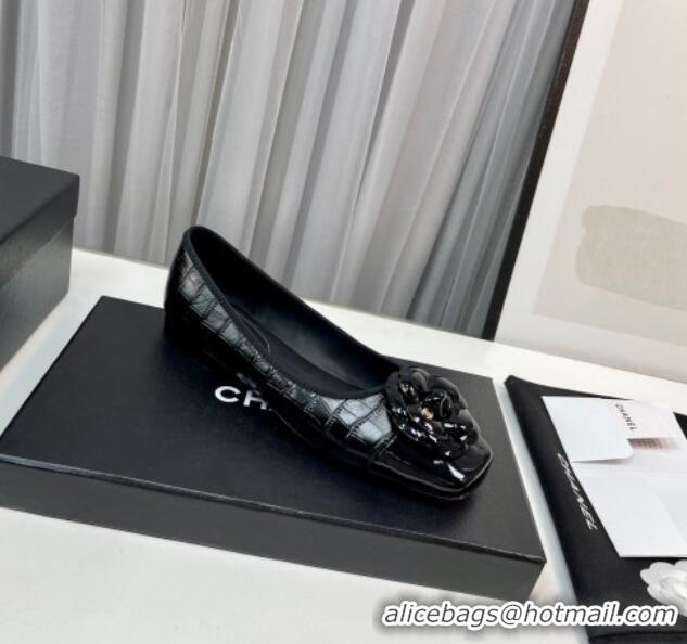 Good Quality Chanel Stone Embossed Lambskin & Patent Calfskin Ballet Flat with Camellia Black 805042