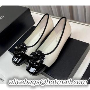 Best Product Chanel Stone Embossed Lambskin & Patent Calfskin Ballet Flat with Camellia White 805043