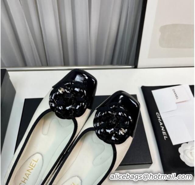 Best Product Chanel Stone Embossed Lambskin & Patent Calfskin Ballet Flat with Camellia White 805043