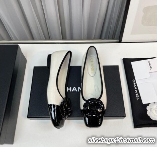 Best Product Chanel Stone Embossed Lambskin & Patent Calfskin Ballet Flat with Camellia White 805043