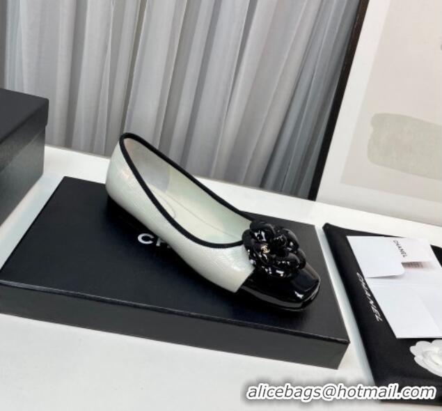 Best Product Chanel Stone Embossed Lambskin & Patent Calfskin Ballet Flat with Camellia White 805043