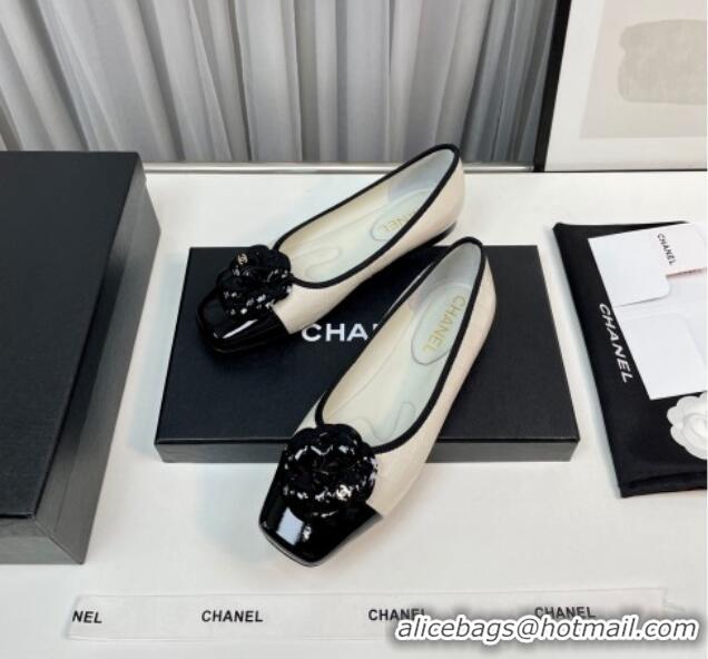 Best Product Chanel Stone Embossed Lambskin & Patent Calfskin Ballet Flat with Camellia White 805043